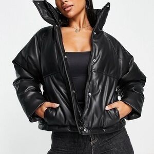 Topshop Faux Leather Cropped Puffer Jacket Women Size 2 Color Black Pockets